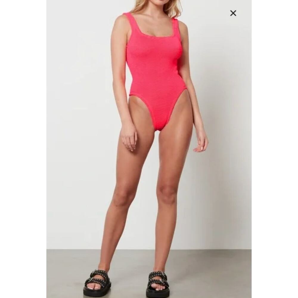Hunza G Swimsuit One Size Square Neck Hot Pink Stretchy Beach Pool Cruise Chic - Picture 2 of 14